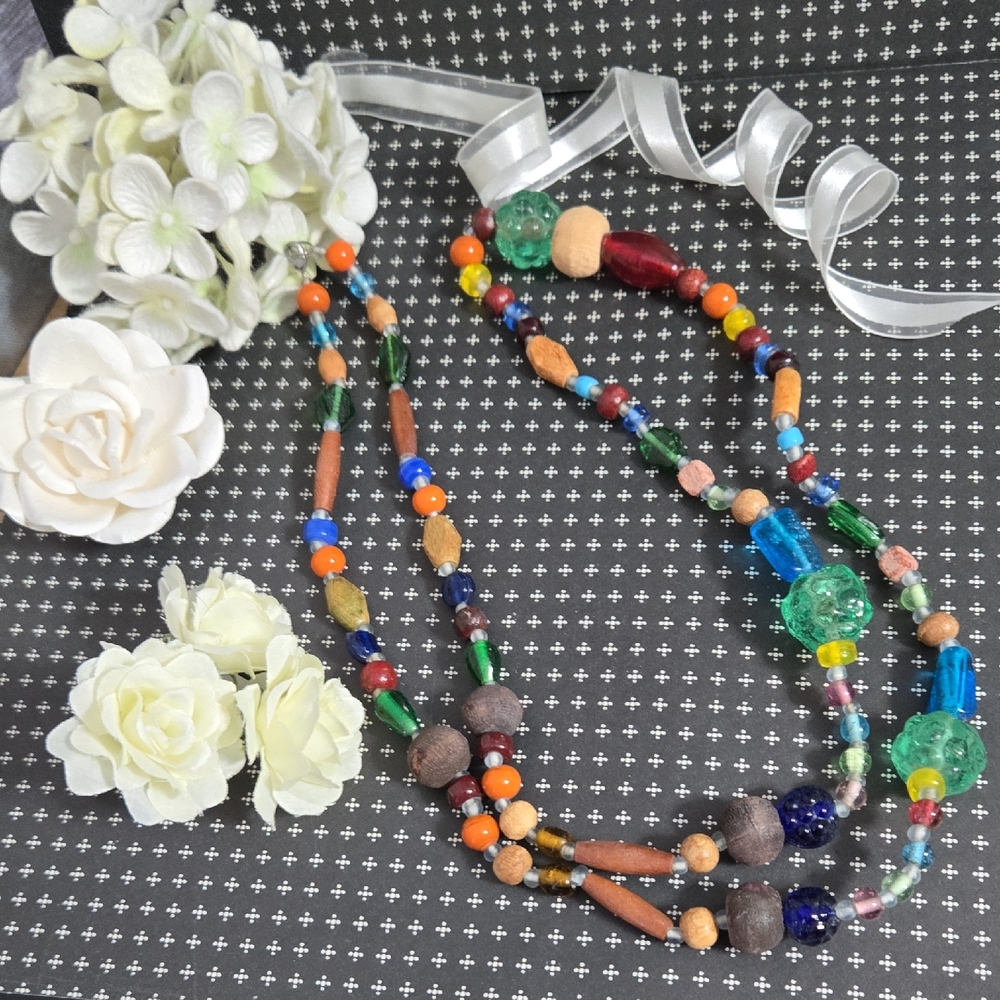 Vintage Boho Artisan Wood & Glass Colorful Beaded Trade Beads Necklace
